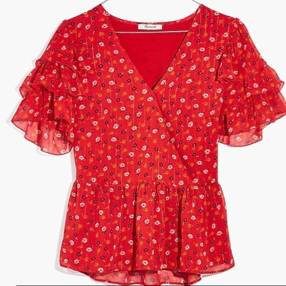 Madewell Red Tiered-Sleeve Peplum Top in Metallic Prairie Posies - Picture 4 of 17